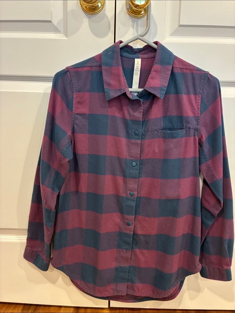 Woman’s Plaid Button-Up Shirt in Burgundy and Navy